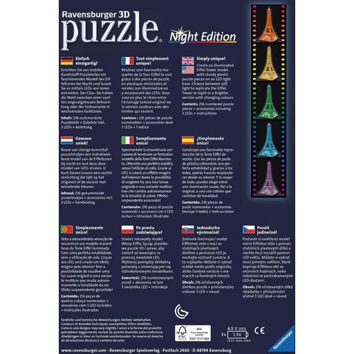 Puzzle - Puzzle 3D - Torre Eiffel di Notte, 216 Pezzi - 1 pz.