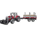 02046 Massey Ferguson 7480 mit Frontlader und Holztransportanhänger und 3 Baumstämmen - 1 Set