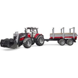 02046 Massey Ferguson 7480 mit Frontlader und Holztransportanhänger und 3 Baumstämmen - 1 Set