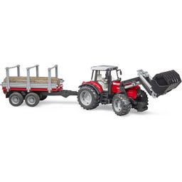 02046 Massey Ferguson 7480 mit Frontlader und Holztransportanhänger und 3 Baumstämmen - 1 Set