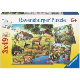 Puzzle - gozd/živalski vrt/hišne živali, 3 x 49 delov