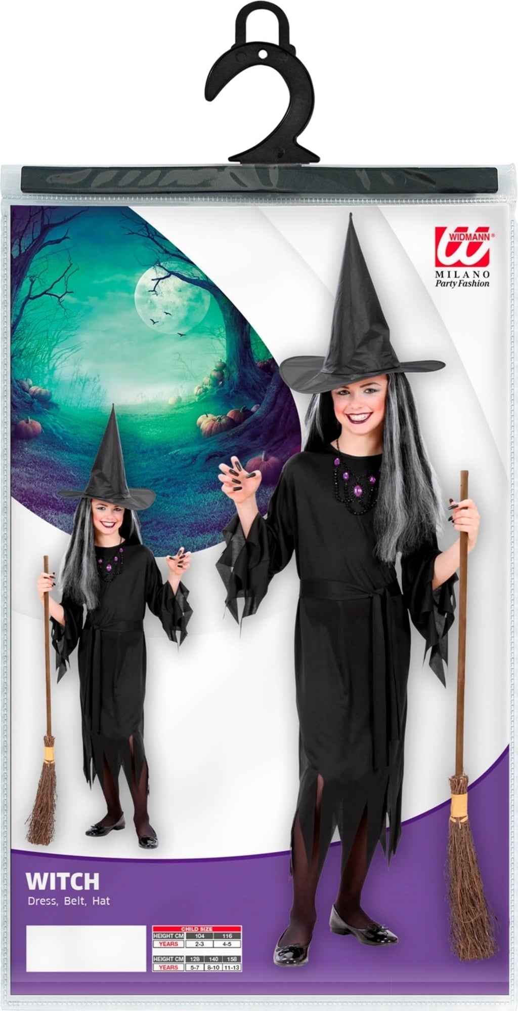 Kinderkostüm Hexe mit Kleid, Gürtel und Hut