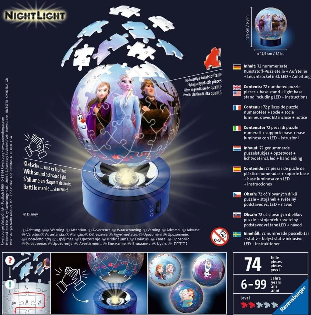 Puzzle - 3D Puzzle-Ball - Luce Notturna - Frozen 2, 72 Pezzi - 1 pz.