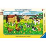 Puzzle - Sestavljanka z okvirjem - Domače živali na travniku, 15 delov