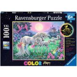 Puzzle - Dreifarbiges Leuchtpuzzle - Einhörner im Mondschein, 100 Teile