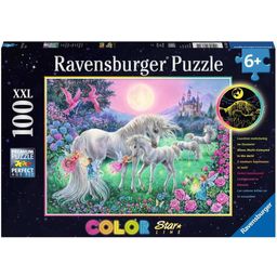 Puzzle - 3-barvna svetleča sestavljanka - Samorogi v mesečini, 100 kosov