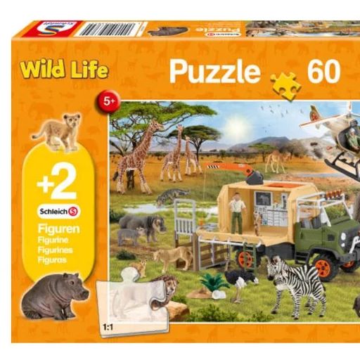 Puzzle - Schleich - Wild Life - Avventuroso Salvataggio degli Animali, 60 pezzi + 2 figure Schleich