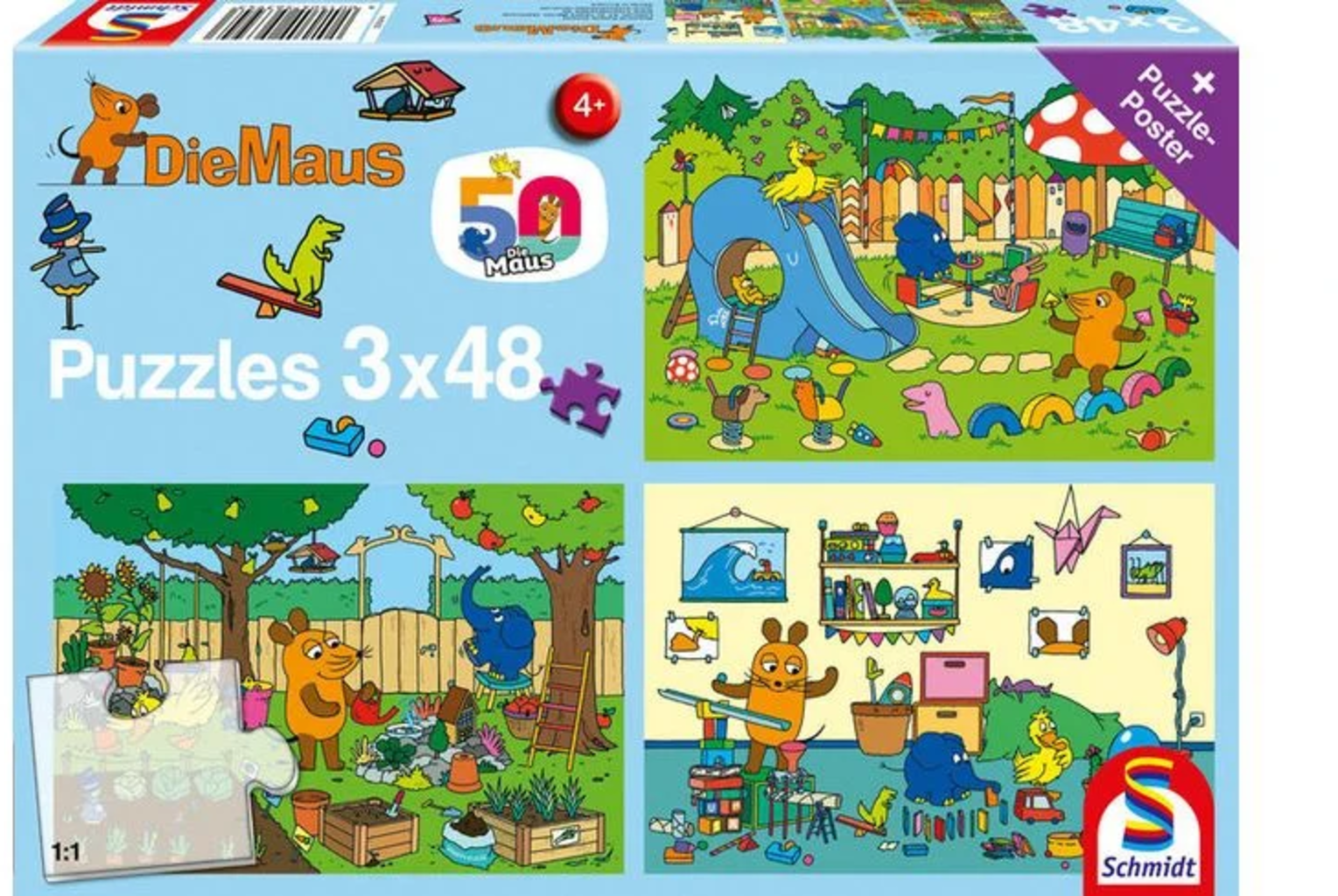 Puzzle - Die Maus - Ein Tag mit der Maus, 3x48 Teile
