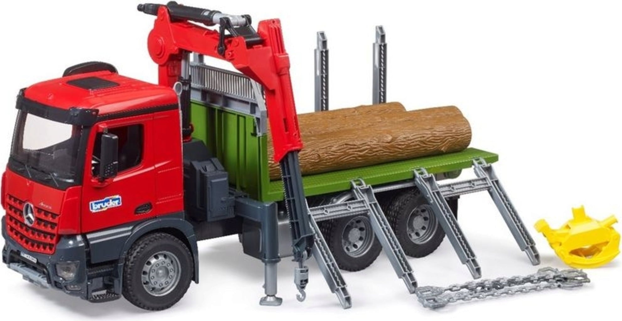 MB Arocs Holztransport-LKW mit Ladekran, Greifer und 3 Baumstämmen