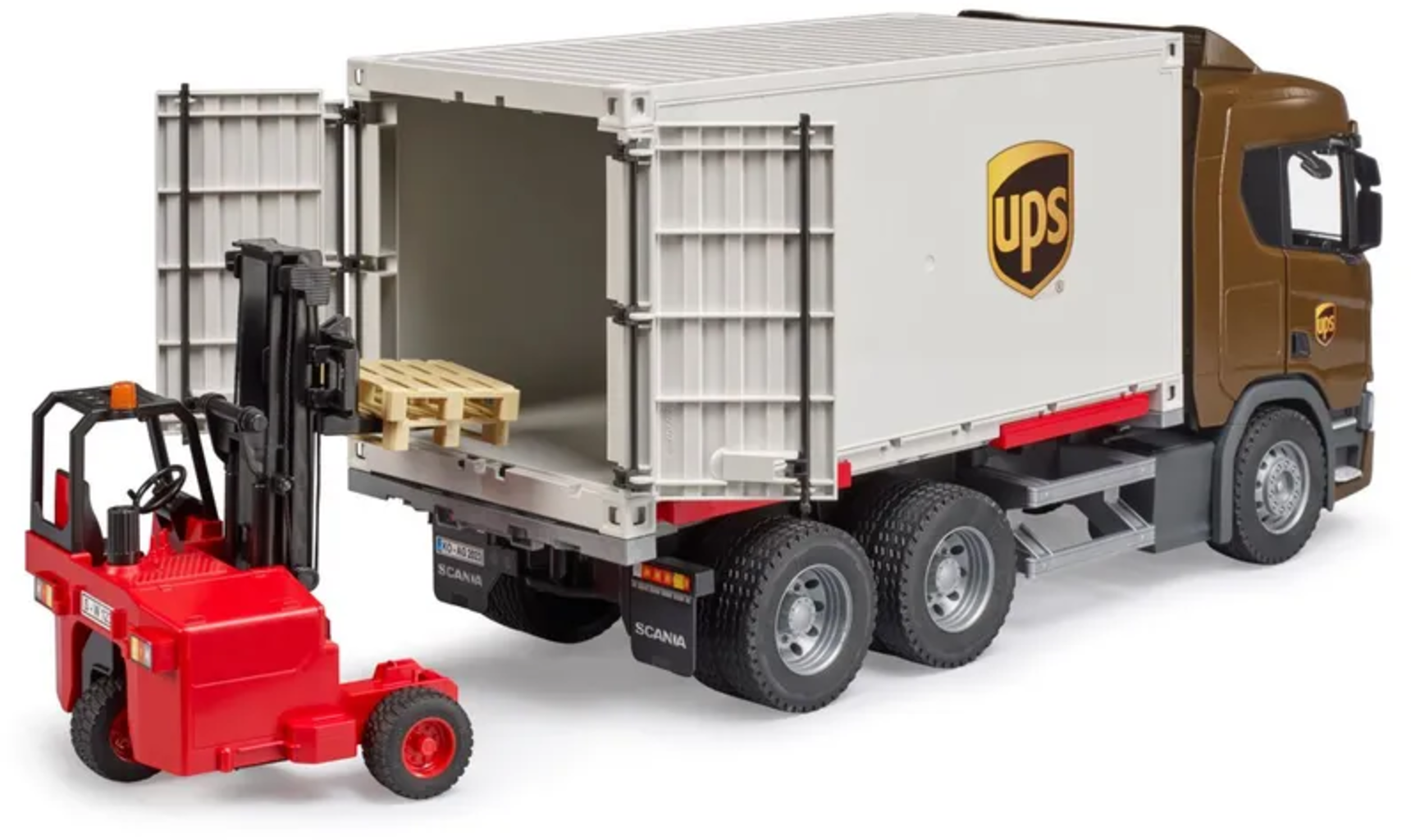 Scania Super 560R UPS Logistik-LKW mit Mitnahmestapler