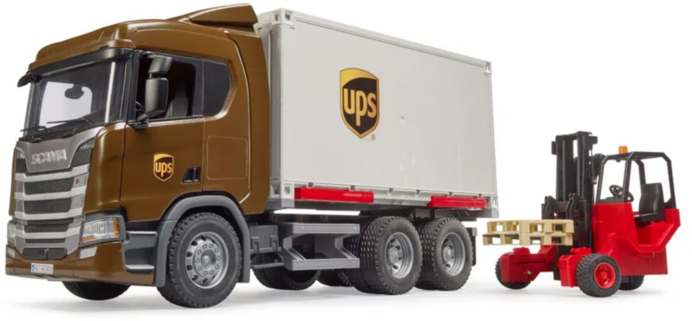 Scania Super 560R UPS Logistik-LKW mit Mitnahmestapler