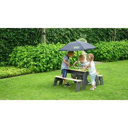 Aksent - Tavolo da Picnic e da Gioco con Acqua e Sabbia - 2 Panchine con Ombrellone e Utensili da Giardinaggio - 1 set