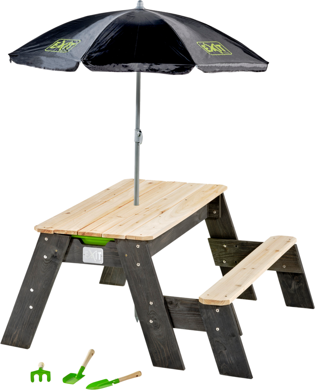 Aksent Sand-, Wasser- & Picknicktisch (1 Bank) mit Sonnenschirm & Gartenwerkzeugen - 1 Set