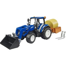 New Holland T5.120 mit Frontlader, Ladekasten, Gabeln und Rundballen