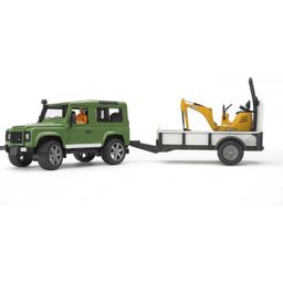 Land Rover Defender, enoosna prikolica, mikro bager JCB in gradbeni delavci