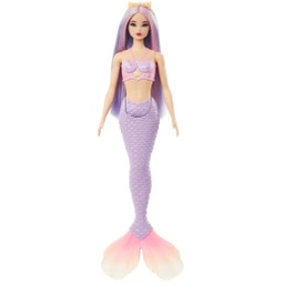 Bambola sirena con capelli lilla, pinna caudale viola e cerchietto per capelli - 1 pz.