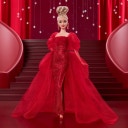 Bambola da collezione esclusiva per l'80° anniversario della Mattel, abito in tulle rosso scintillante, capelli biondi