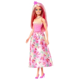 Bambola reale con capelli rosa e biondi, gonna con motivo a farfalla e accessori