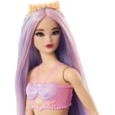 Bambola sirena con capelli lilla, pinna caudale viola e cerchietto per capelli