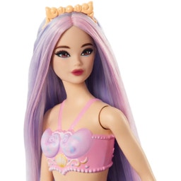 Bambola sirena con capelli lilla, pinna caudale viola e cerchietto per capelli