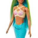 Bambola sirena con riflessi blu e gialli, pinna caudale turchese e cerchietto per capelli