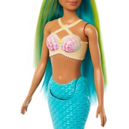 Bambola sirena con riflessi blu e gialli, pinna caudale turchese e cerchietto per capelli