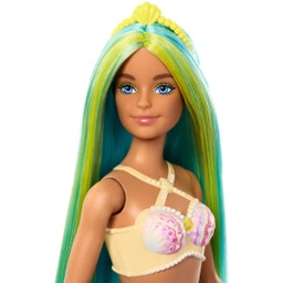 Bambola sirena con riflessi blu e gialli, pinna caudale turchese e cerchietto per capelli